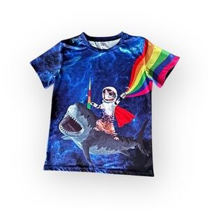 Astronaut Cat Riding Shark Rainbow Graphic T-Shirt Size M